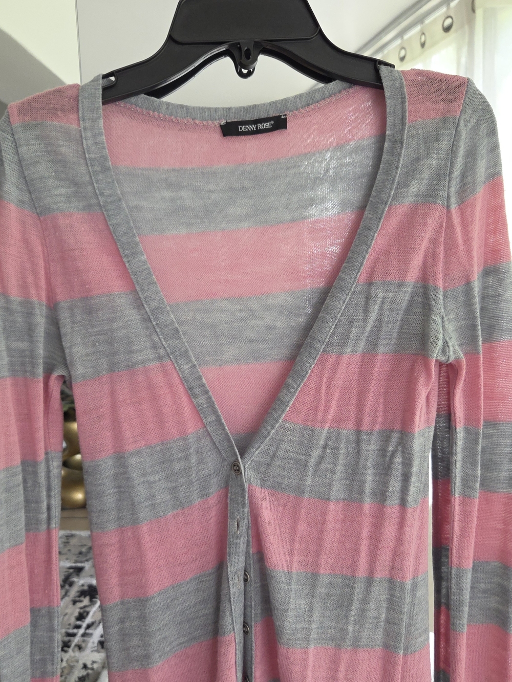 Denny Rose Pink & Gray Striped Women’s V-Neck Cardigan